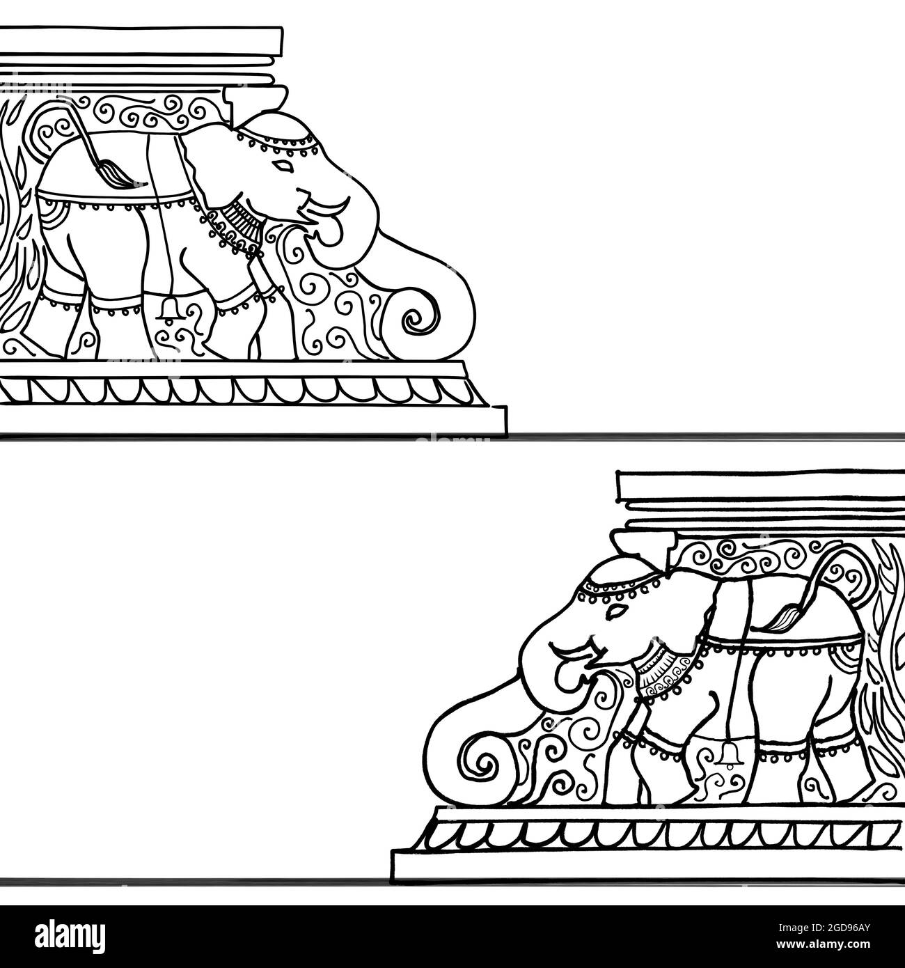 Indische Tempelästhetik: Skizze einer verzierten indischen Tempeltreppe mit einem Elefanten. Wird als Rahmen oder Dekoration verwendet. Stockfoto