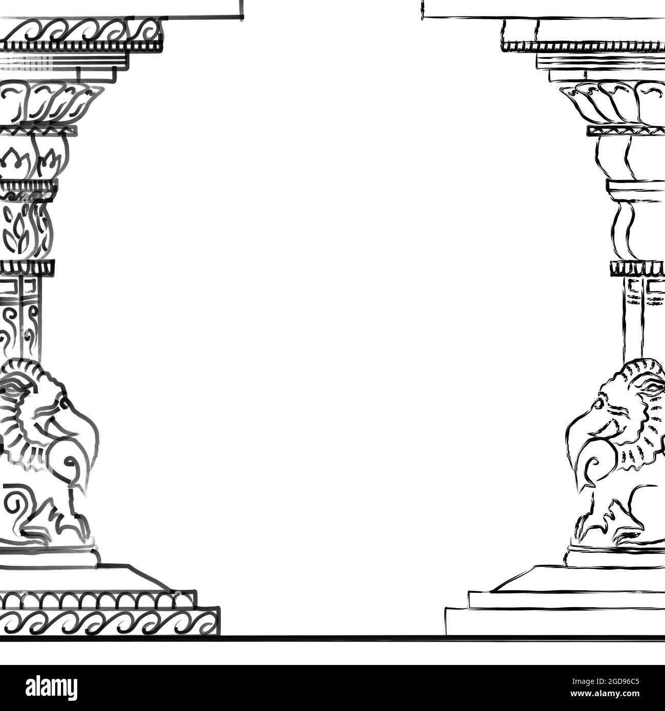 Indische Tempelästhetik: Skizze einer Säule im Chola-Stil, mit einer Makara an der Basis. Wird als Rahmen oder Dekoration verwendet. Stockfoto