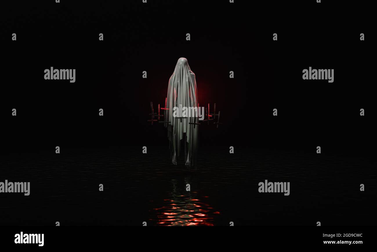 geist mit dunklem Tuch und roter Beleuchtung mit umgekehrten Kreuzen um ihn herum über einem düsteren See. Halloween und Horror-Konzept. 3d-Rendering Stockfoto