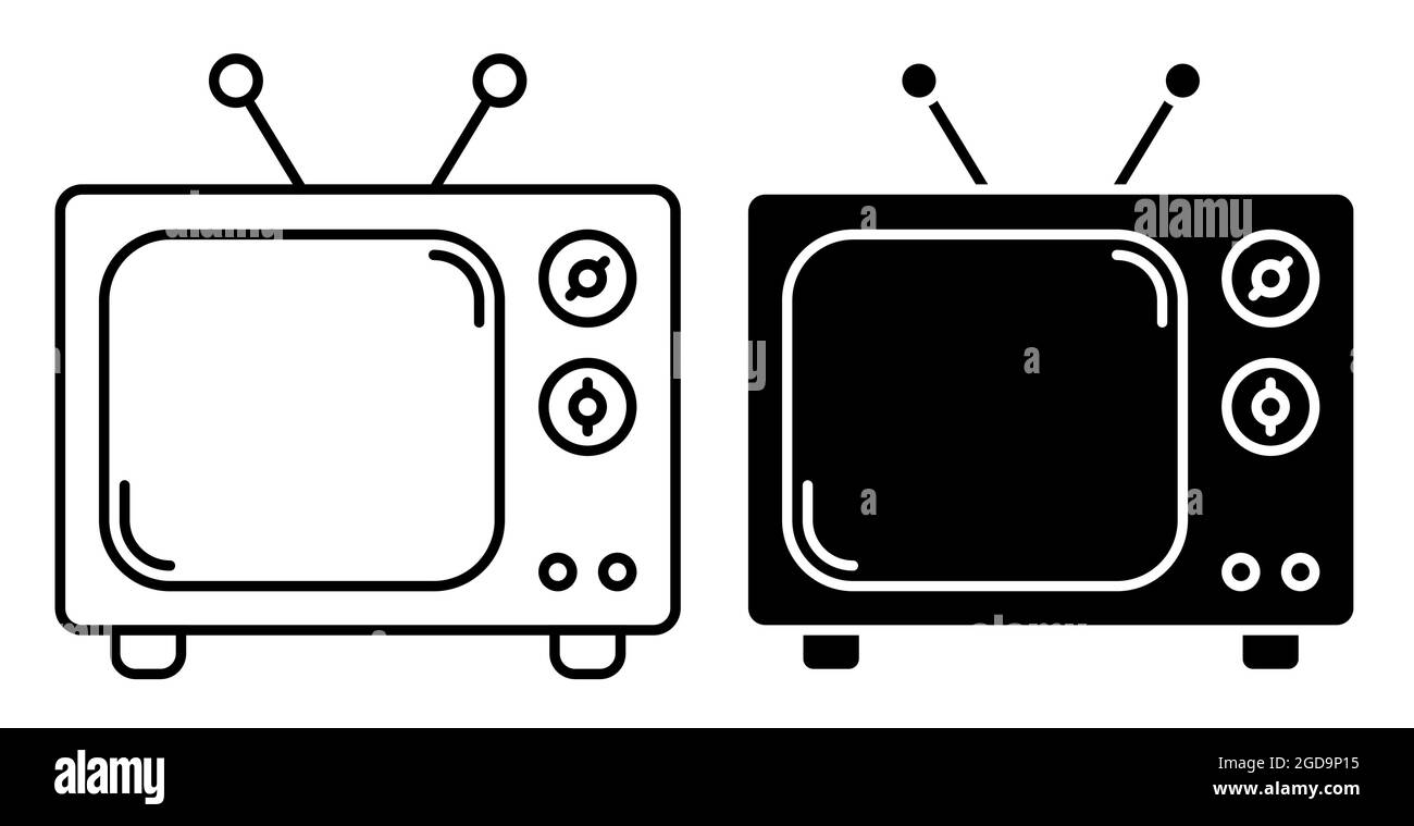 Lineares Symbol. Alter Holzfernseher mit Antenne. Vintage-Fernseher. Weltfernsehtag 21. November. Einfacher Schwarz-Weiß-Vektor auf weißem Hintergrund isoliert Stock Vektor