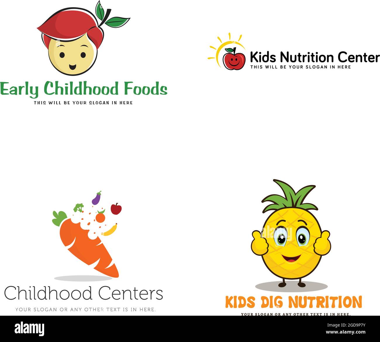 Kinder gesund Vitamin-Gemüse Ergänzung Logo-Design Stock Vektor