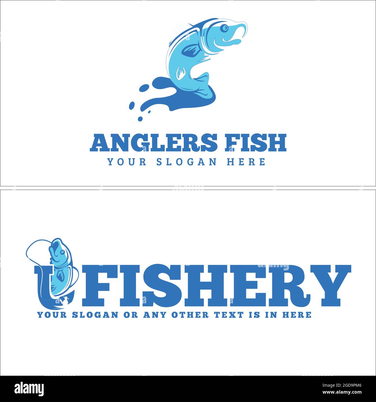 Blau Bass Fisch Symbol Wasser Initial Haken modernes Logo-Design Stock Vektor