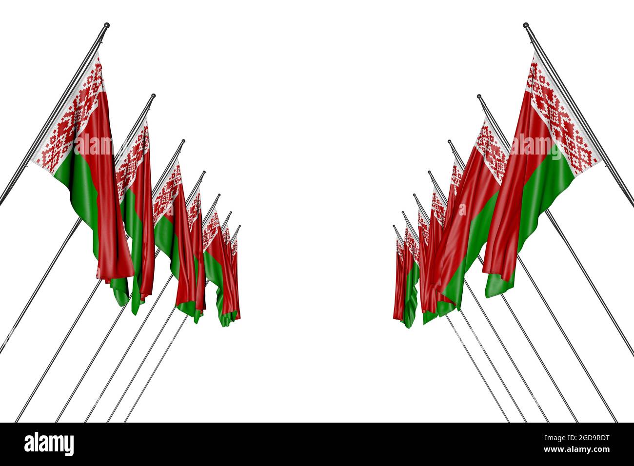 Wunderbarer Tag der Flagge 3d-Illustration - viele Belarus Fahnen hängt an in Eckstangen von links und rechts isoliert auf weiß Stockfoto