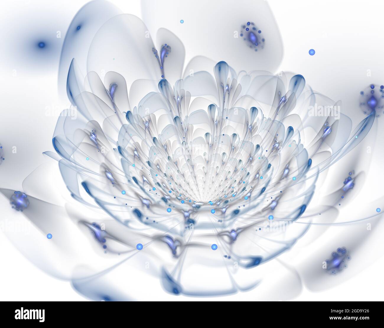 Mehrfarbiger fraktaler Bildausschnitt, digitale Kunst. Abstrakter Hintergrund für Design, Site Design - Rasterdarstellung. Verzierte Blütenblätter von ungewöhnlichen Blüten. Stockfoto