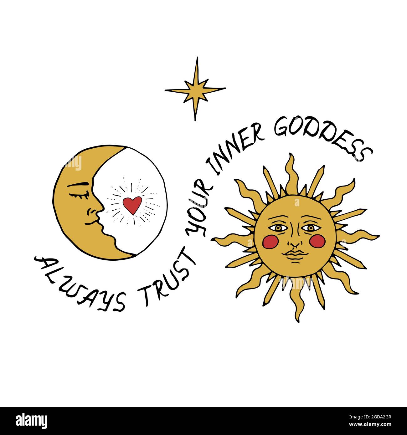 Vintage Mystic Sun and Moon Illustration mit Schriftzug Stock Vektor