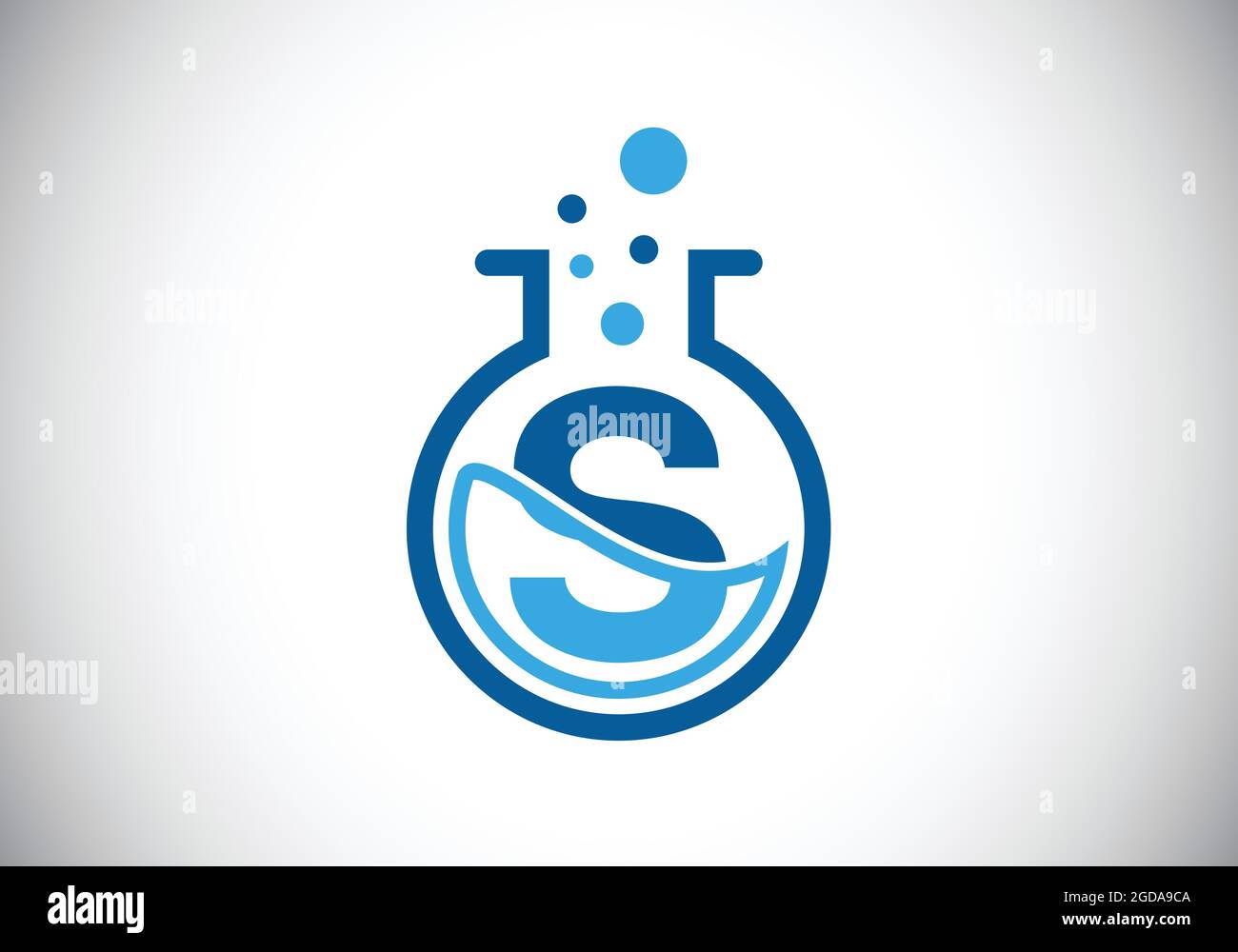 Anfängliches S-Monogramm-Alphabet mit Laborglas, chemischer Flüssigkeit und Blasen. Lab-Logo. Logo für Wissenschaft, Technologie und Unternehmensidentität Stock Vektor