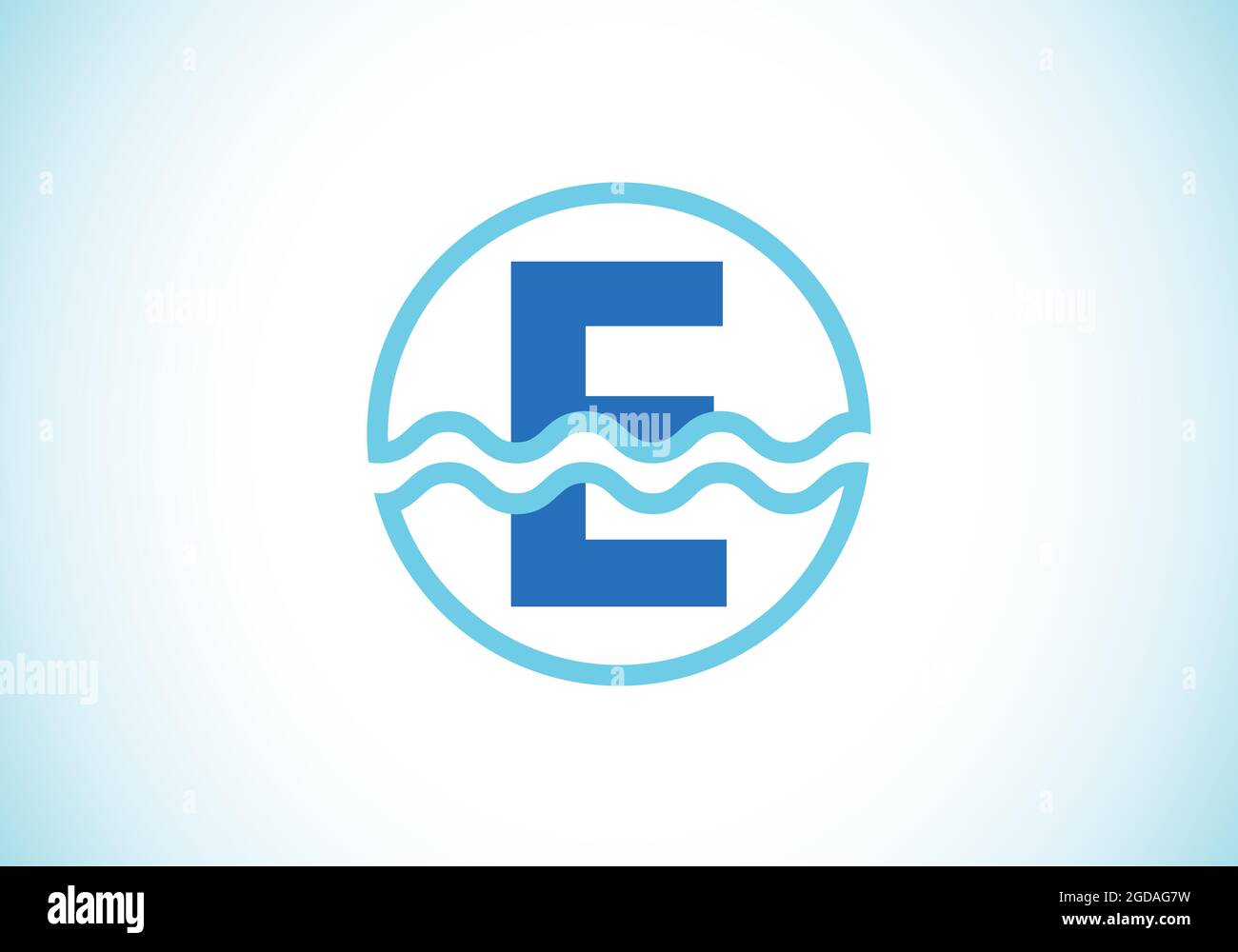 Anfängliches E-Monogramm-Alphabet in einem Kreis mit Wasserwellen. Wasserwellen-Logo-Design. Logo für den Ozean, das Seegeschäft und die Unternehmensidentität Stock Vektor