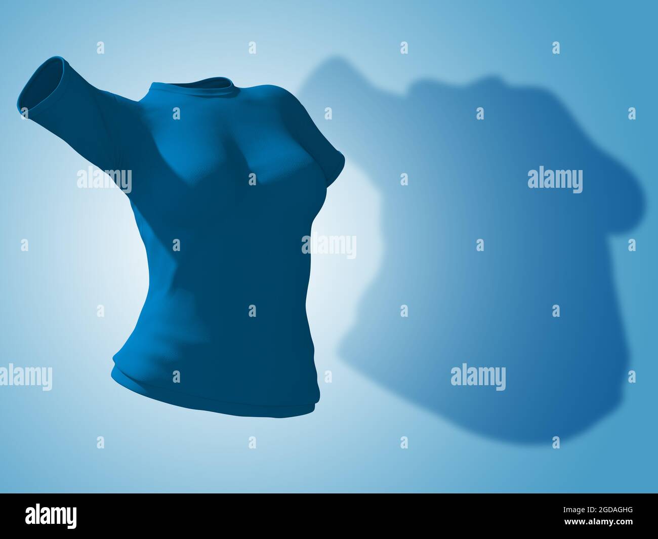 Conceptual Fat Übergewicht fettleibig Schatten weibliche Bluse Outfit vs schlank fit gesunden Körper nach Gewichtsverlust oder Diät dünne junge Frau auf blau. Ein Fitness, nu Stockfoto