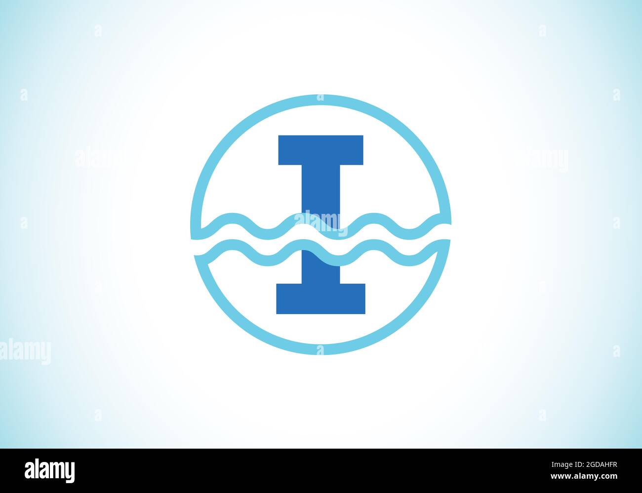Initial I Monogramm Alphabet in einem Kreis mit Wasserwellen. Wasserwellen-Logo-Design. Logo für den Ozean, das Seegeschäft und die Unternehmensidentität Stock Vektor