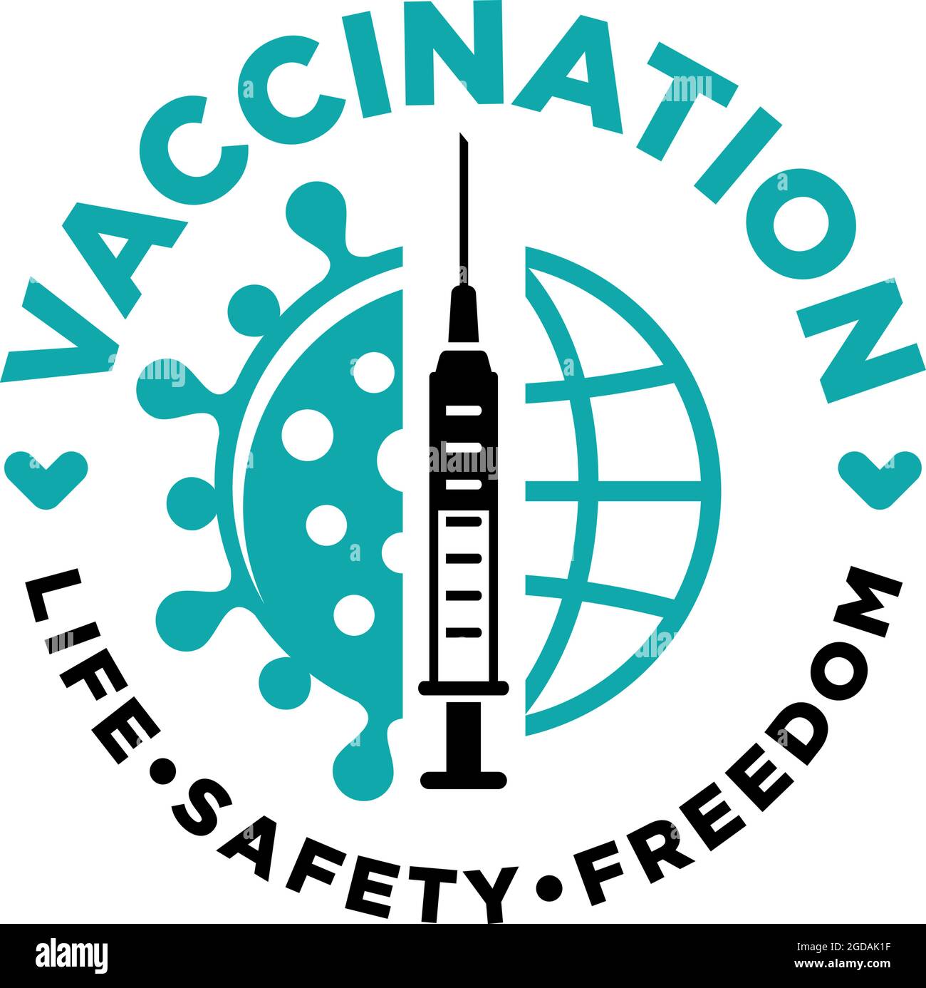 Globales Impfkonzept COVID-19. Medizinische Spritze mit Nadel, Fläschchen und Flasche mit dem Medikament gegen Coronavirus. Leben, Sicherheit, Freiheit reisen. Vec Stock Vektor