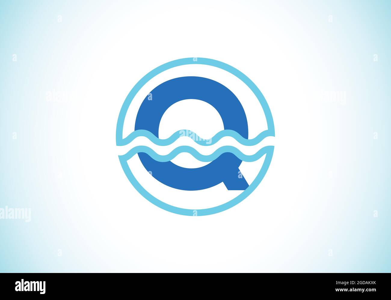 Anfängliches Q-Monogramm-Alphabet in einem Kreis mit Wasserwellen. Wasserwellen-Logo-Design. Logo für den Ozean, das Seegeschäft und die Unternehmensidentität Stock Vektor