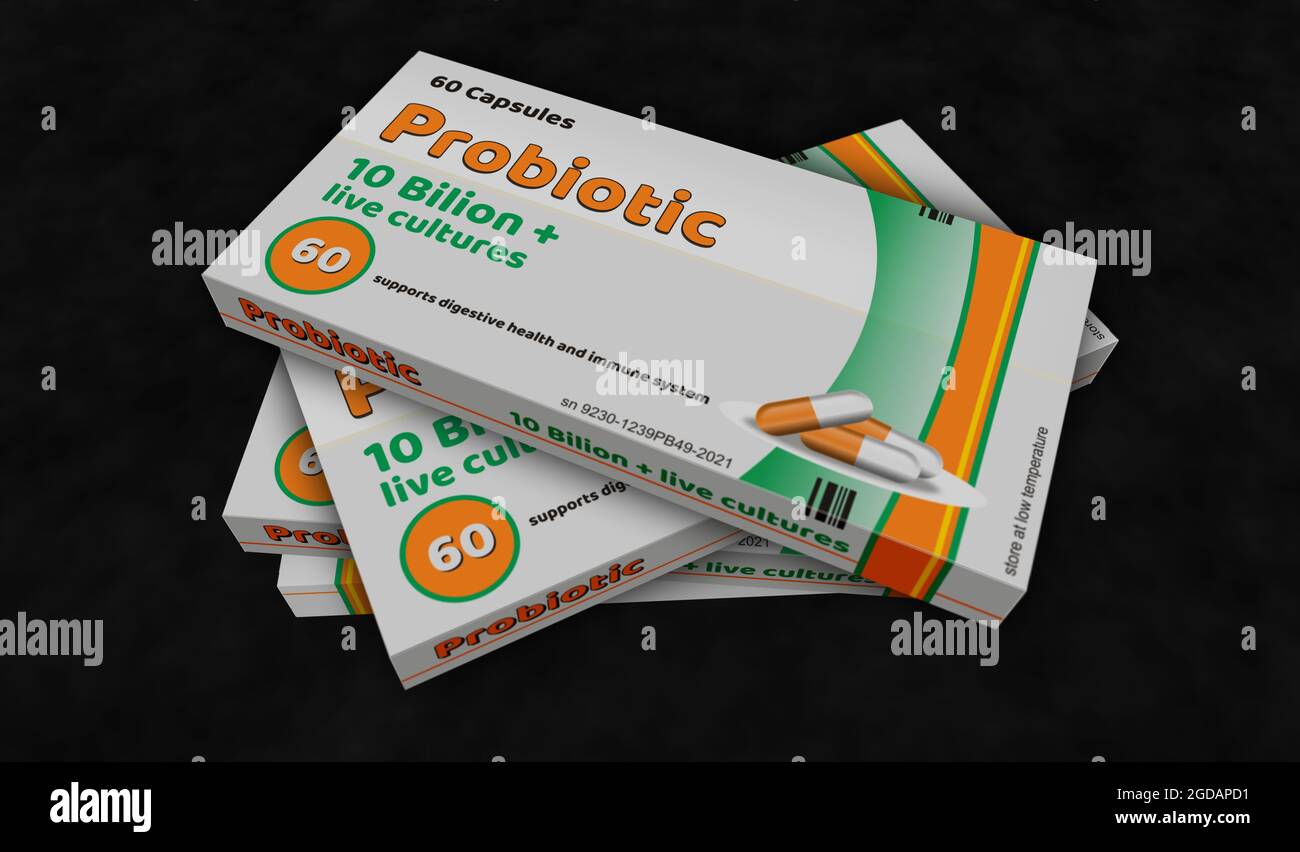 Herstellung probiotischer Packungen. Medizinische Antibiotika-Therapie Medikamente Box Fabrik. Abstraktes Konzept 3d-Rendering-Illustration. Lebende Bakterienkulturen für gesund Stockfoto