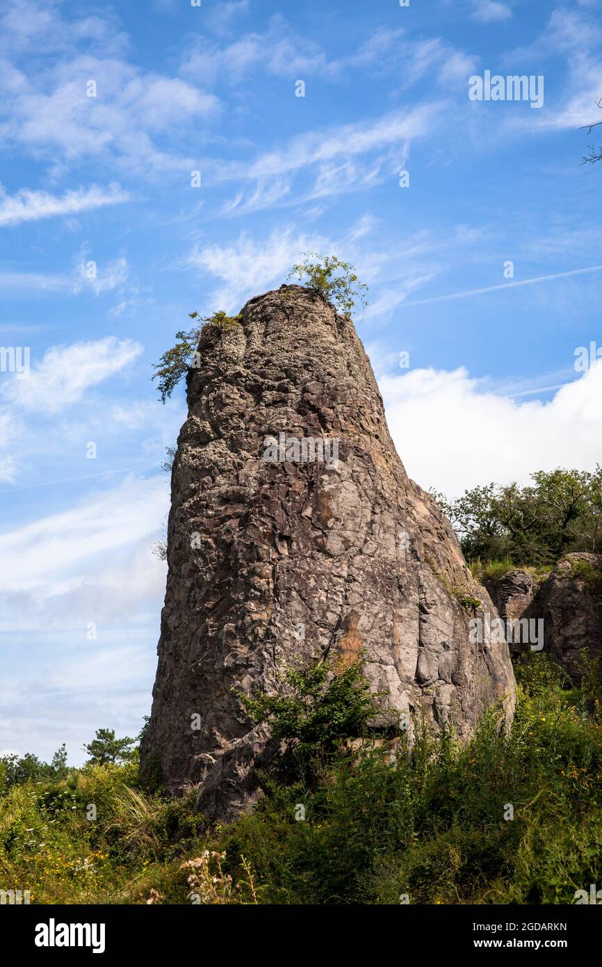 Die Felssäule des Stenzelbergs im Siebengebirge bei Königswinter diente der Berg bis zum Th als Steinbruch für Quarzlatit Stockfoto