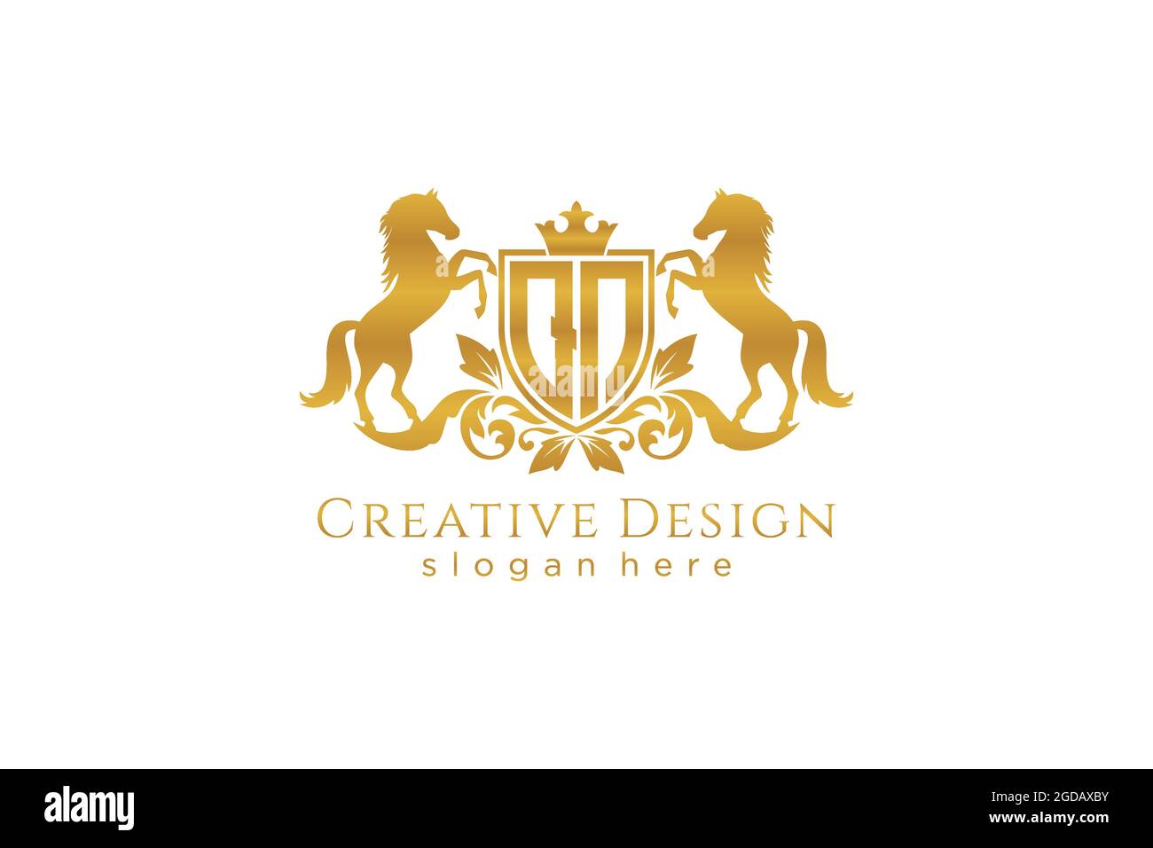 QN Retro goldenes Wappen mit Schild und zwei Pferden, Badge-Vorlage mit Rollen und königlicher Krone - perfekt für luxuriöse Branding-Projekte Stock Vektor