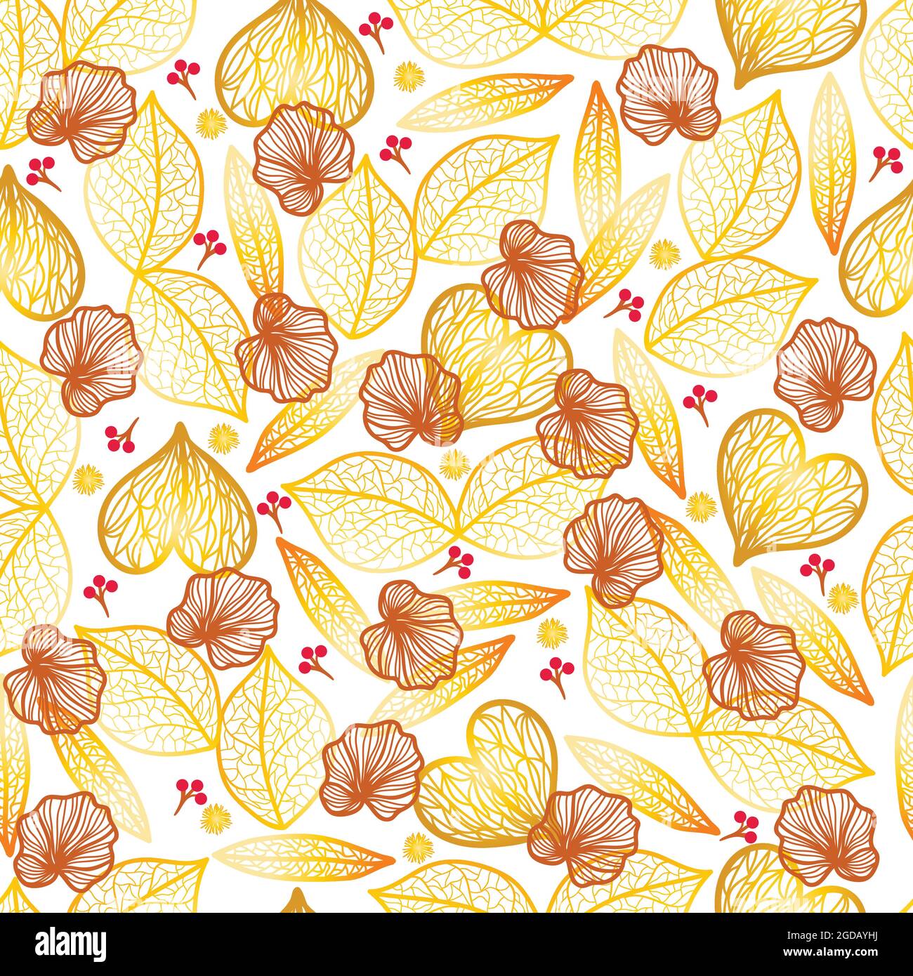 Goldfarbene filigrane Blätter, braune Herbstblätter und kleine rote Früchte auf transparentem Hintergrund Stock Vektor