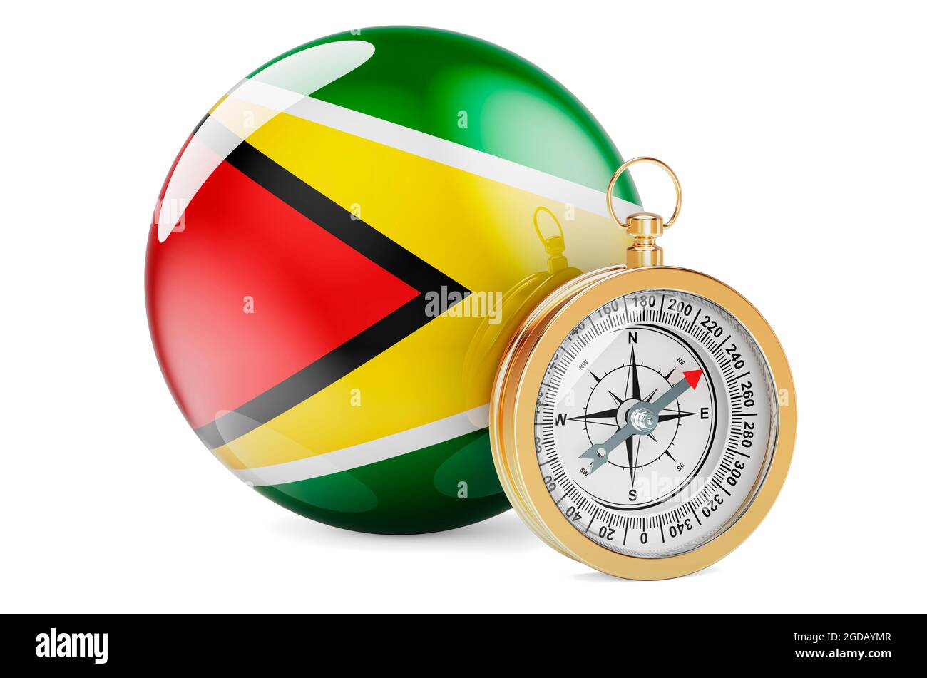 Kompass mit guyanischer Flagge. Reisen und Tourismus in Gayana Konzept. 3D-Rendering auf weißem Hintergrund isoliert Stockfoto