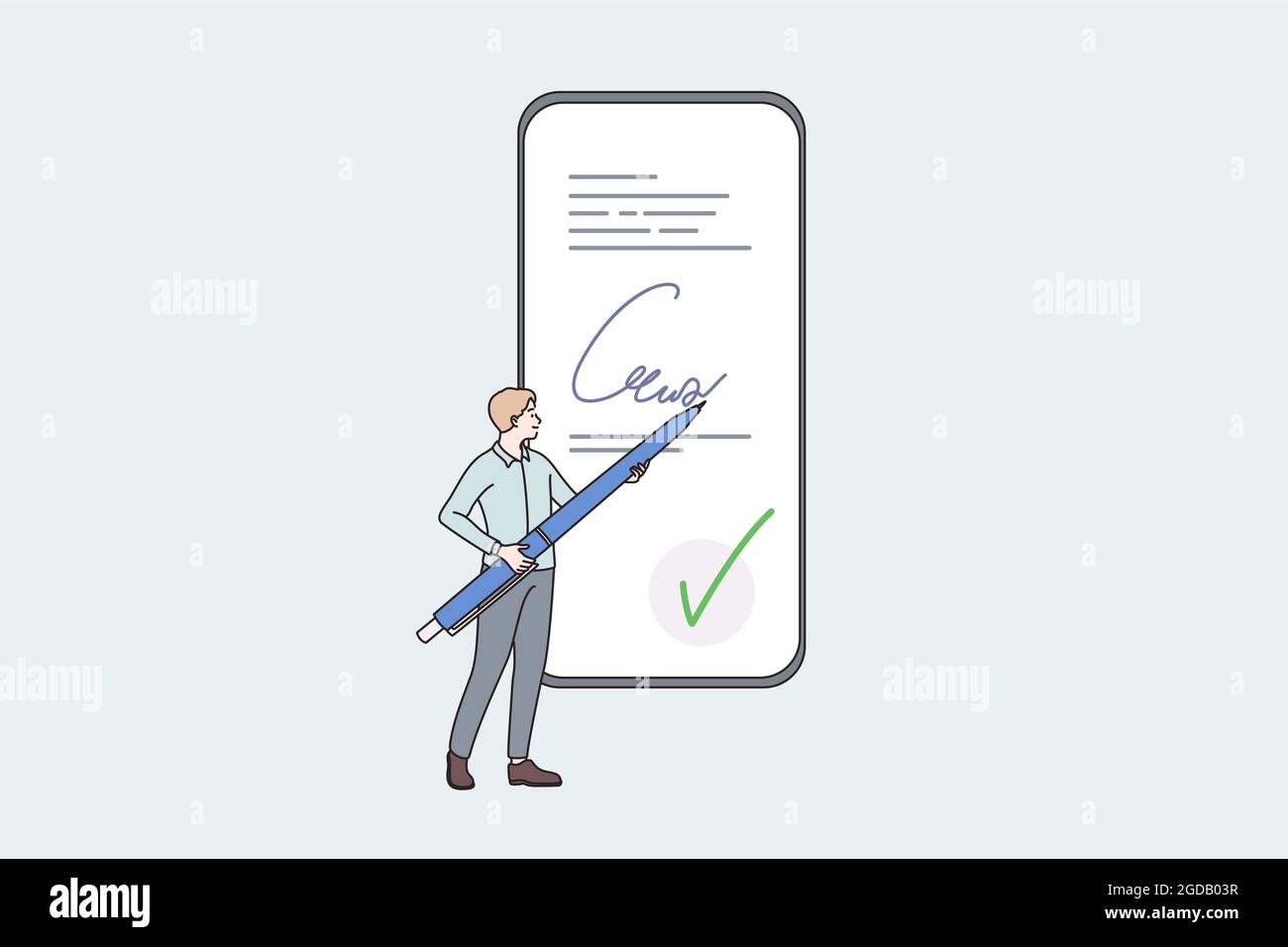 Elektronische Signatur und Technologiekonzept. Kleiner Mann, der großen Stift in den Händen hält und Signaturpapier online auf dem Smartphone-Bildschirm Vektorgrafik macht Stock Vektor