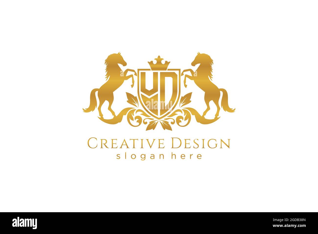 VD Retro goldenes Wappen mit Schild und zwei Pferden, Badge-Vorlage mit Rollen und königlicher Krone - perfekt für luxuriöse Branding-Projekte Stock Vektor