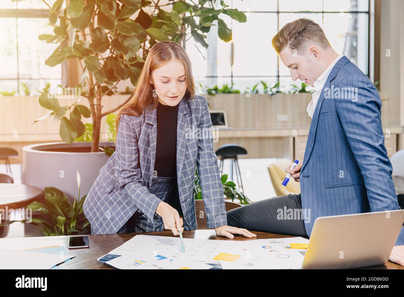 Berufstätige Frauen treffen sich mit einem Geschäftsmann, der gemeinsam Arbeitsplätze in einem grünen, modernen Büro plant. Stockfoto