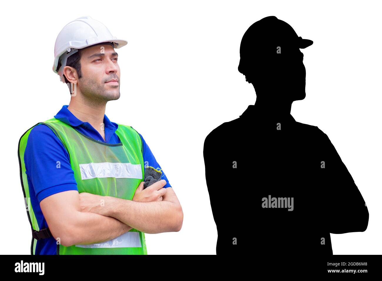 Ingenieur Industriearbeiter männlich stehenden Arm gekreuzt halben Körper isoliert auf weißem Hintergrund mit alpha-Kanal Schatten. Stockfoto