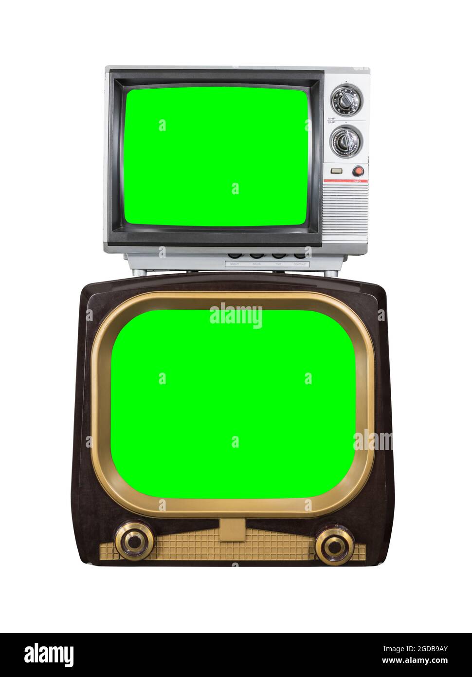 Zwei Vintage-Fernseher, isoliert auf Weiß mit chromgrünen Bildschirmausschnitten. Stockfoto