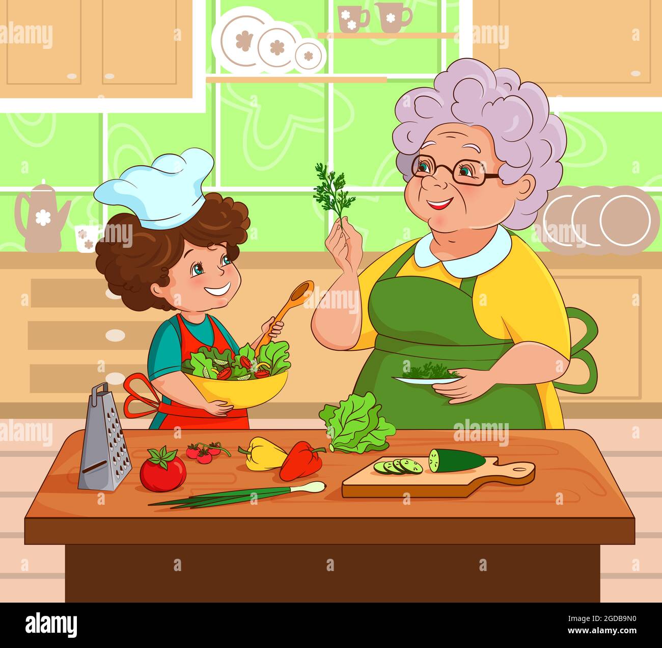 Großmutter und Enkelin bereiten gemeinsam in der Küche Salat zu. Vektor, Illustration im Cartoon-Stil, flach, Comic Stock Vektor