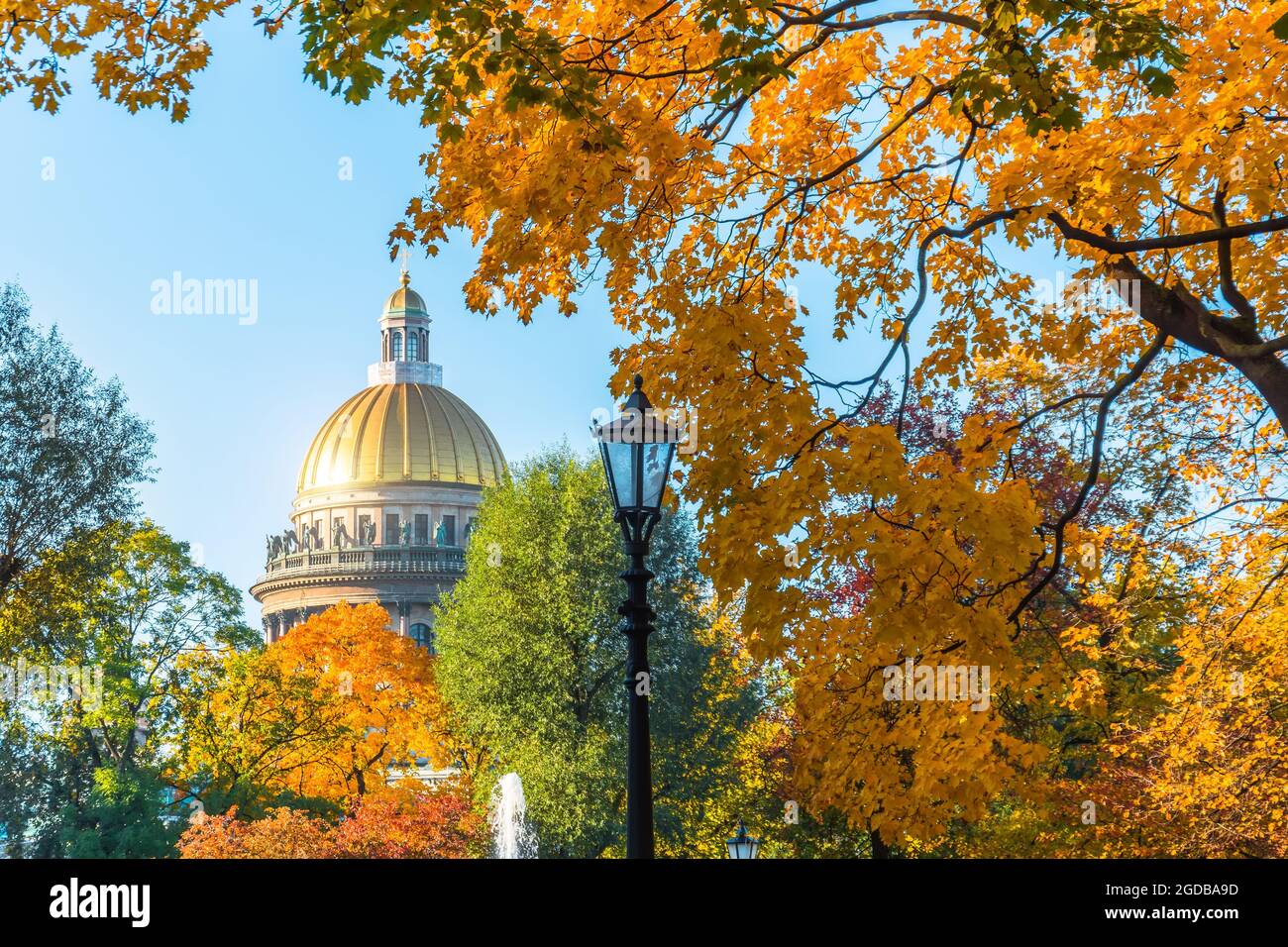 Isaakskathedrale im Herbst, gelb-orange Blätter, Straßenlaternen, Sankt Petersburg Stockfoto