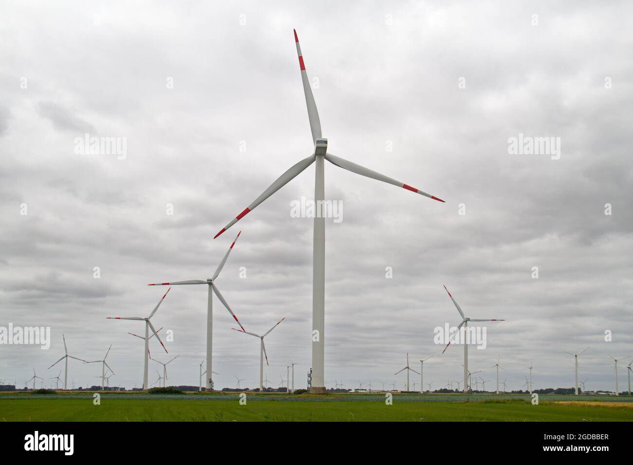 Windenergie-Produktion, landwirtschaftliche Landschaft in Deutschland mit vielen riesigen Windkraftanlagen Stockfoto