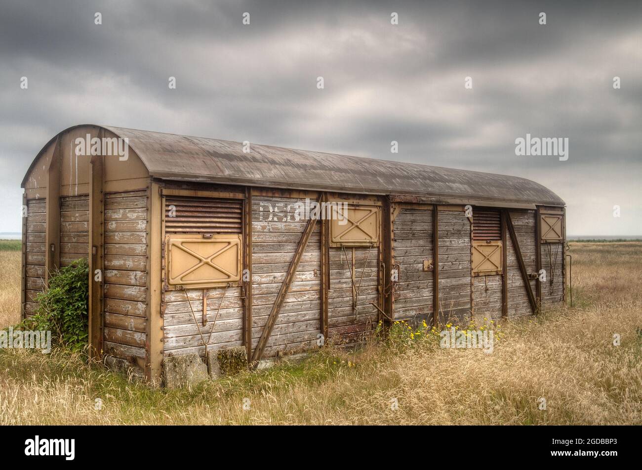 Alter, aboned Güterzug Waggon im Feld unter dunklen Wolken Stockfoto