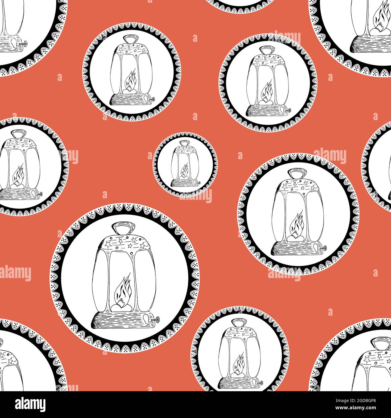 Nahtloses Muster aus Vintage-Kerosin-Lampen und Laternen in durchbrochener Spitze im kreisförmigen Design auf farbigem Hintergrund. Verzierte Küche Stock Vektor