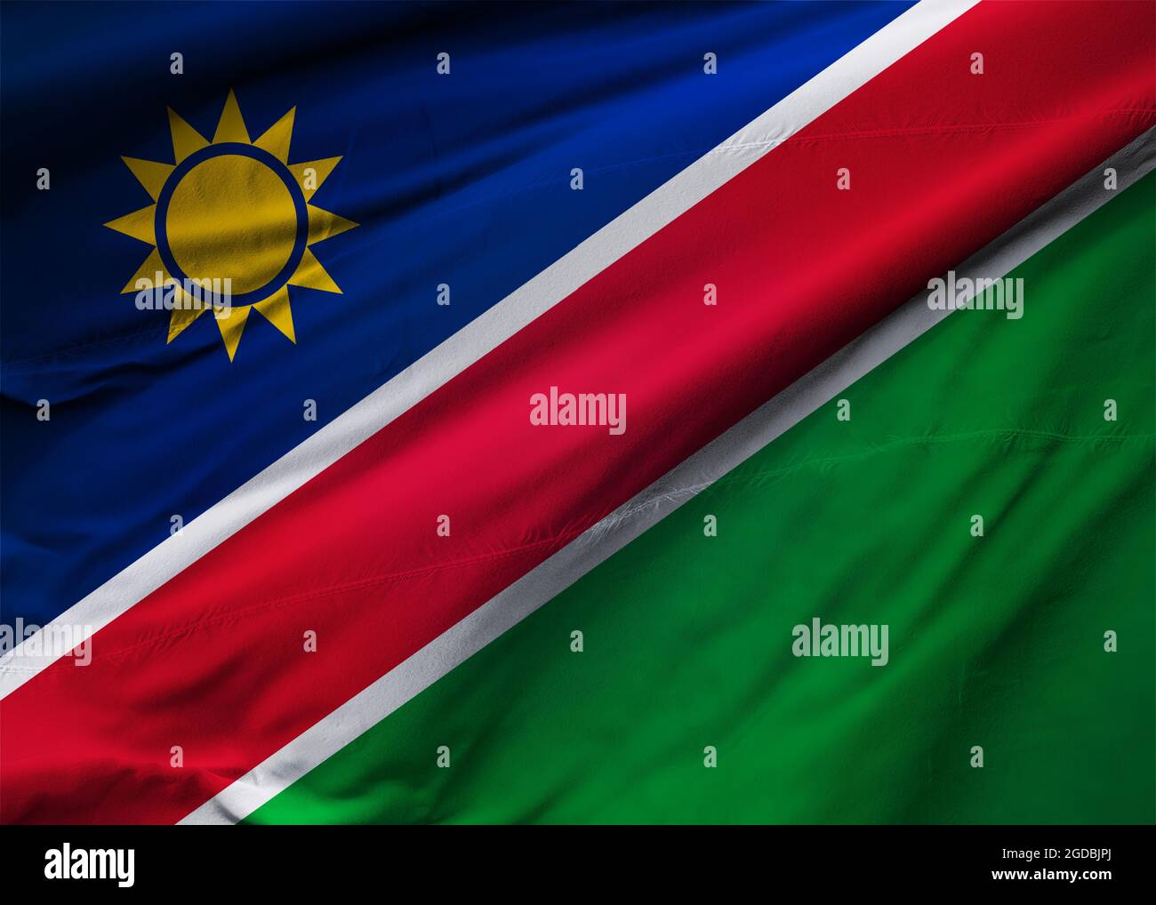 Flagge der Republik Namibia weht im Wind. Hintergrundtextur. Windhoek. 3d-Illustration. 3d-Rendering. Stockfoto