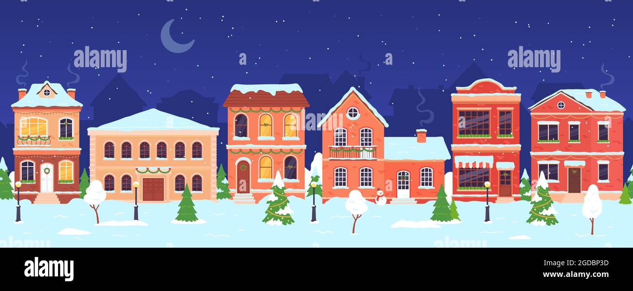 Weihnachtsstadt. Nacht Winter Wunderland Straße mit Häusern für Urlaub und Neujahr dekoriert. Snow Village nahtlose Landschaft Vektor-Szene Stock Vektor