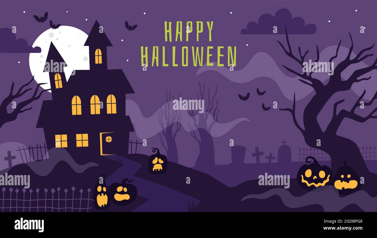 Halloween-Banner mit Spukhaus. Poster mit beängstigenden Friedhof, Vollmond, gruselige Bäume, Grabsteine und Laternen Kürbisse Vektor Hintergrund Stock Vektor