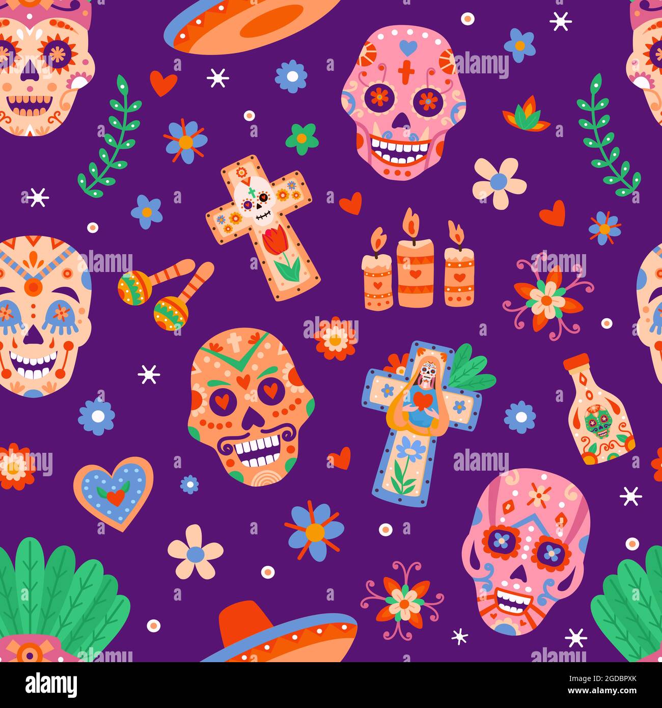Tag der Toten nahtloses Muster. Dia de los muertos Zuckerschädel und Blumen. Mexikanisches halloween-Festival mit Skeletten Köpfe flach Vektor-Druck Stock Vektor