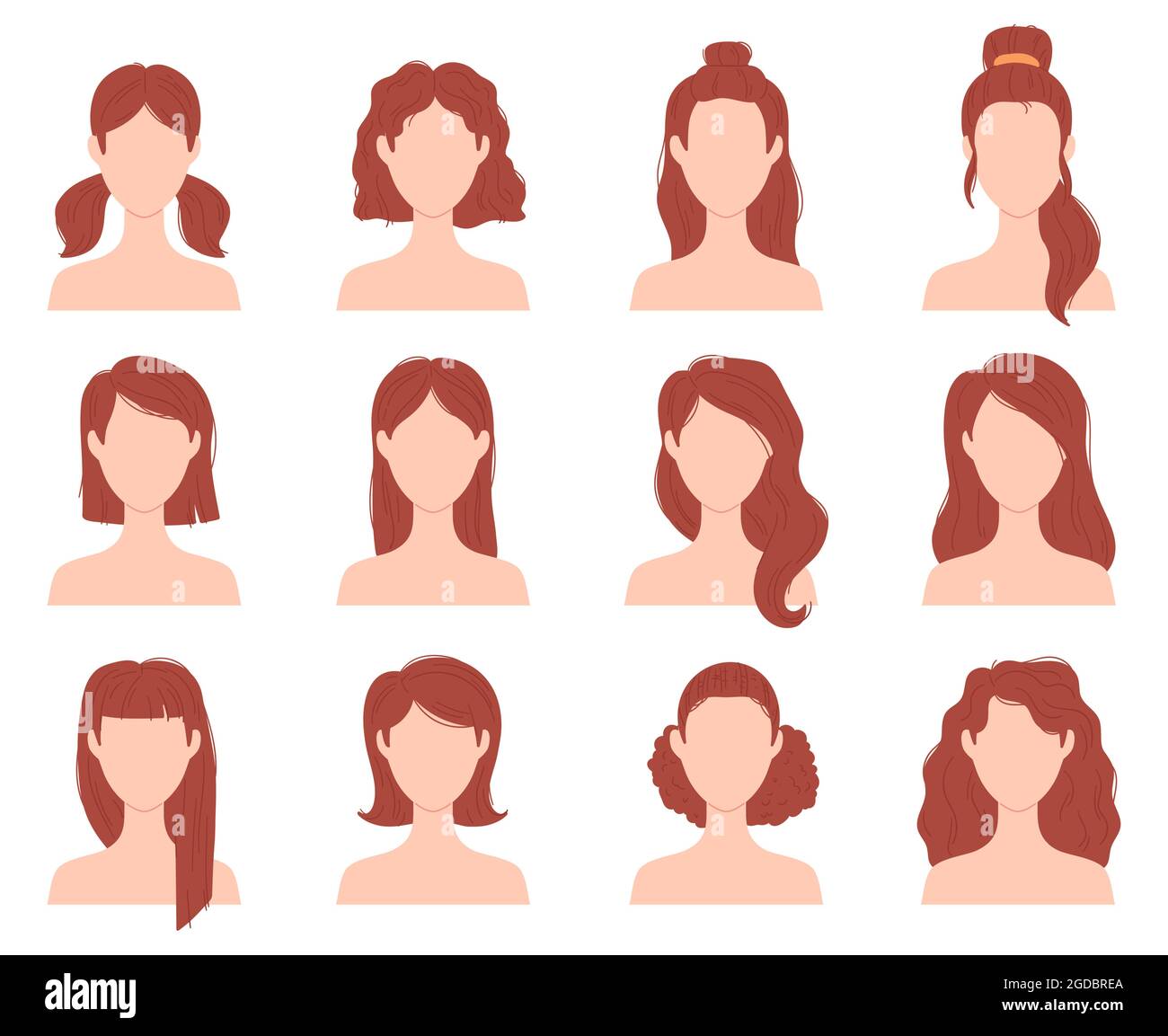 Cartoon weibliche Mode Frisur für kurze, lange und lockiges Haar. Frauenkopf mit Haarschnitten, Pferdeschwanz und Brötchen. Flache Mädchen Frisuren Vektor-Set Stock Vektor