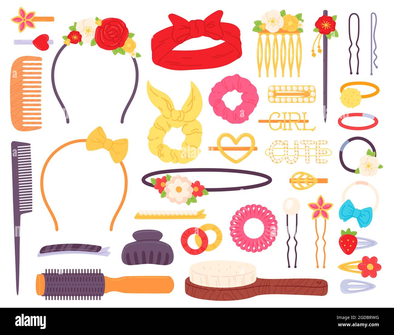 Haarspangen mit Blumen und Perlen, Stirnband und Haarnadeln. Modeschmuck Accessoire für die Frisur. Vektorset für Barrettes, Stifte und Kämme Stock Vektor