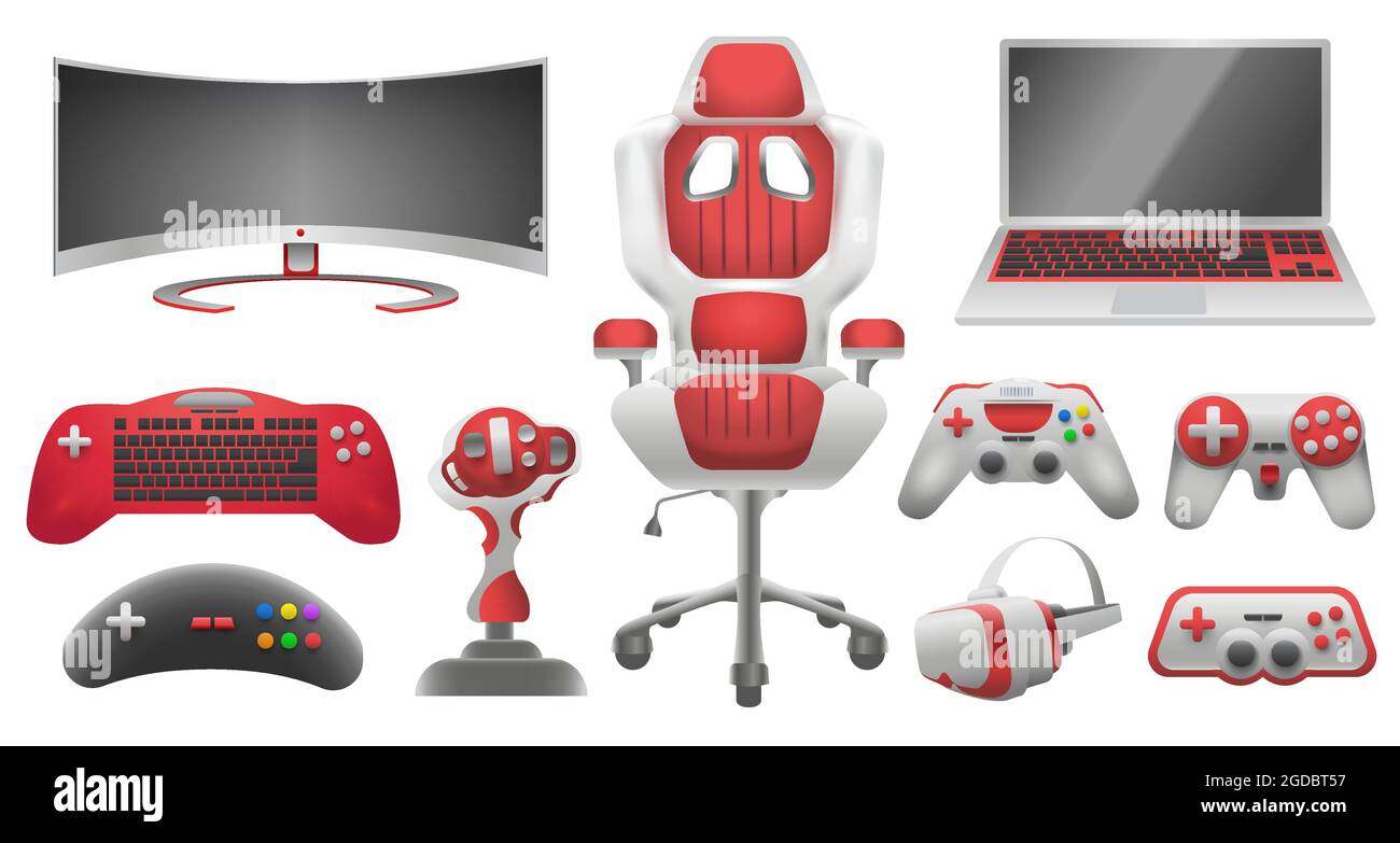 Joystick Controller, Gadget und Zubehör für Videospiele. Virtual-Reality-Brille, Monitor, Laptop, Spielstuhl und Controller-Vektor-Set Stock Vektor