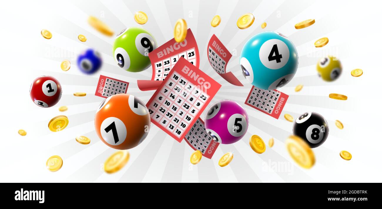 Bingo Gewinner Hintergrund mit Lottoscheine, Kugeln und Goldmünzen. Realistisches Keno Glücksspiel Spiel gewinnen Poster mit Karten Burs Vektor-Konzept Stock Vektor