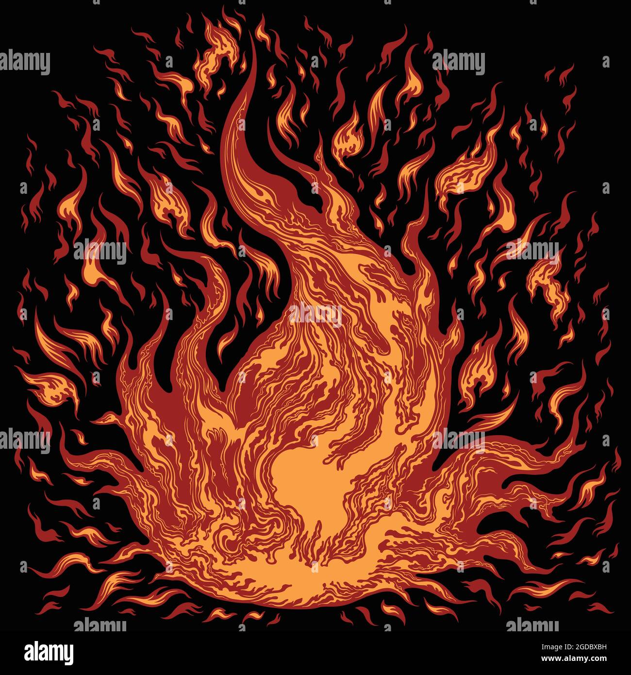 Flammen. Editierbare handgezeichnete Illustration. Vektorgravur. Isoliert auf schwarzem Hintergrund. 8 EPS Stock Vektor