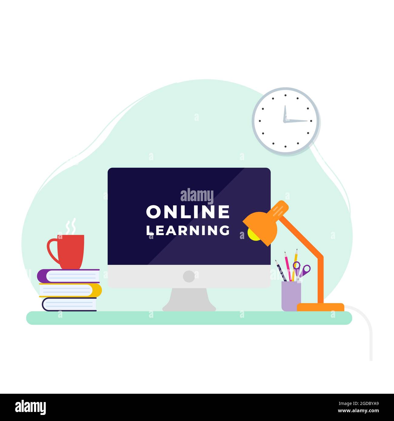 Online-Lernkonzept. Desktop-Computer, Lampe, Bücher, Kaffeetasse und Zubehör Büro auf dem Schreibtisch. Zurück zur Schule. Vektorgrafik, flaches Design Stock Vektor