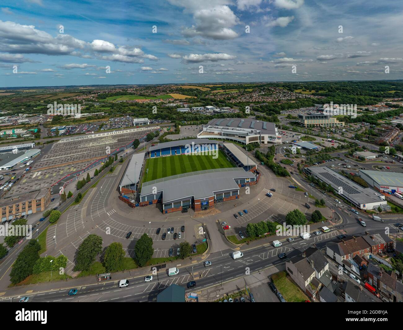 Chesterfield Football Club Stadium Technique Stadium Aerial Drone View Stockfoto