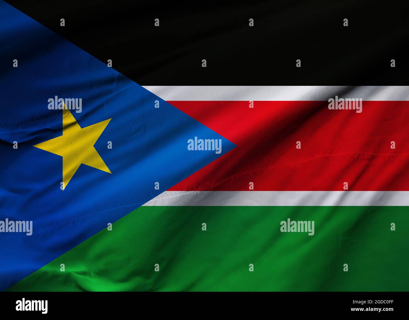 Flagge der Republik Südsudan weht im Wind. Hintergrundtextur. Juba. 3d-Illustration. 3d-Rendering. Stockfoto