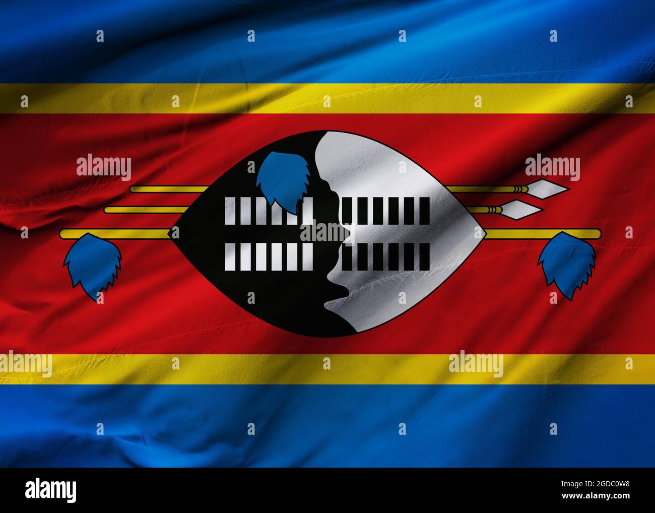 Flagge des Königreichs Eswatini weht im Wind. Hintergrundtextur. Mbabane, Lobamba, Mbabane. 3d-Illustration. 3d-Rendering. Stockfoto