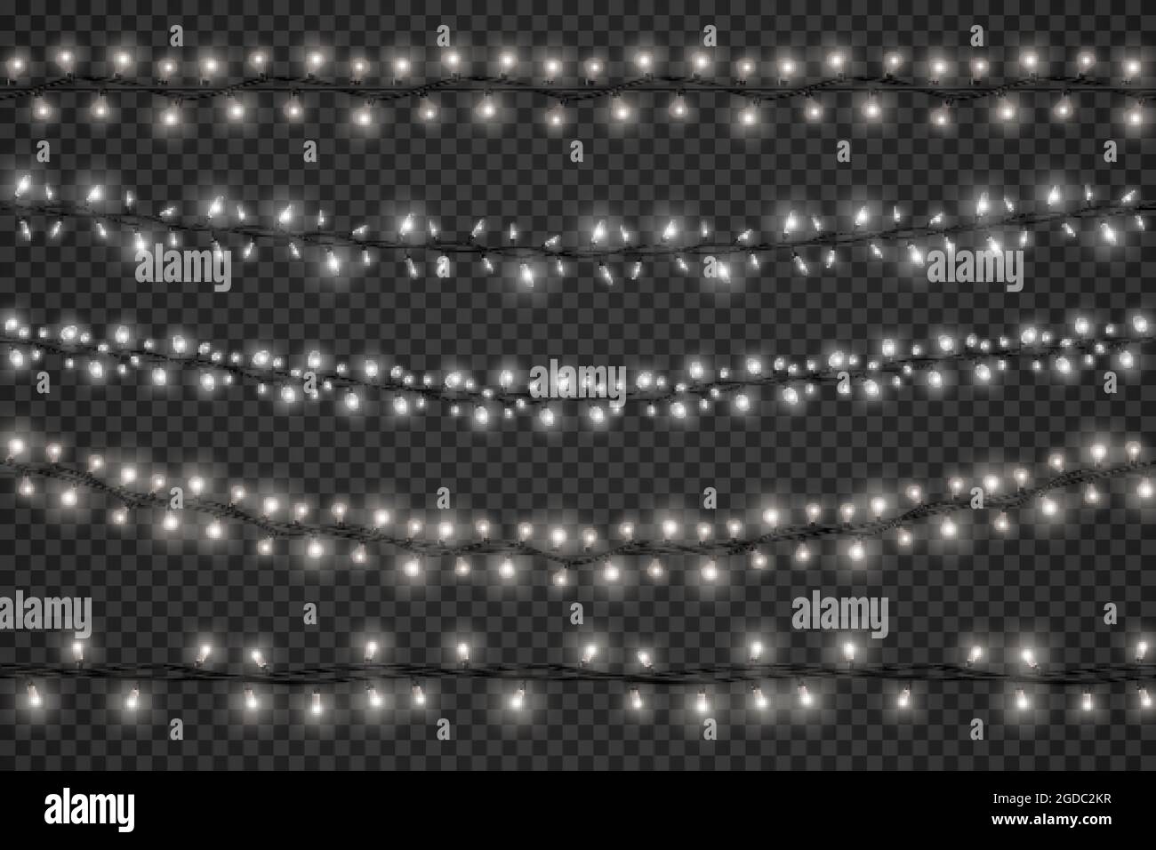 Realistische Lichtergirlanden mit LED-Lampen für festliche weihnachtsdekoration. Weiß glühende Weihnachten oder glückliches neues Jahr String mit Lampen Vektor-Set Stock Vektor