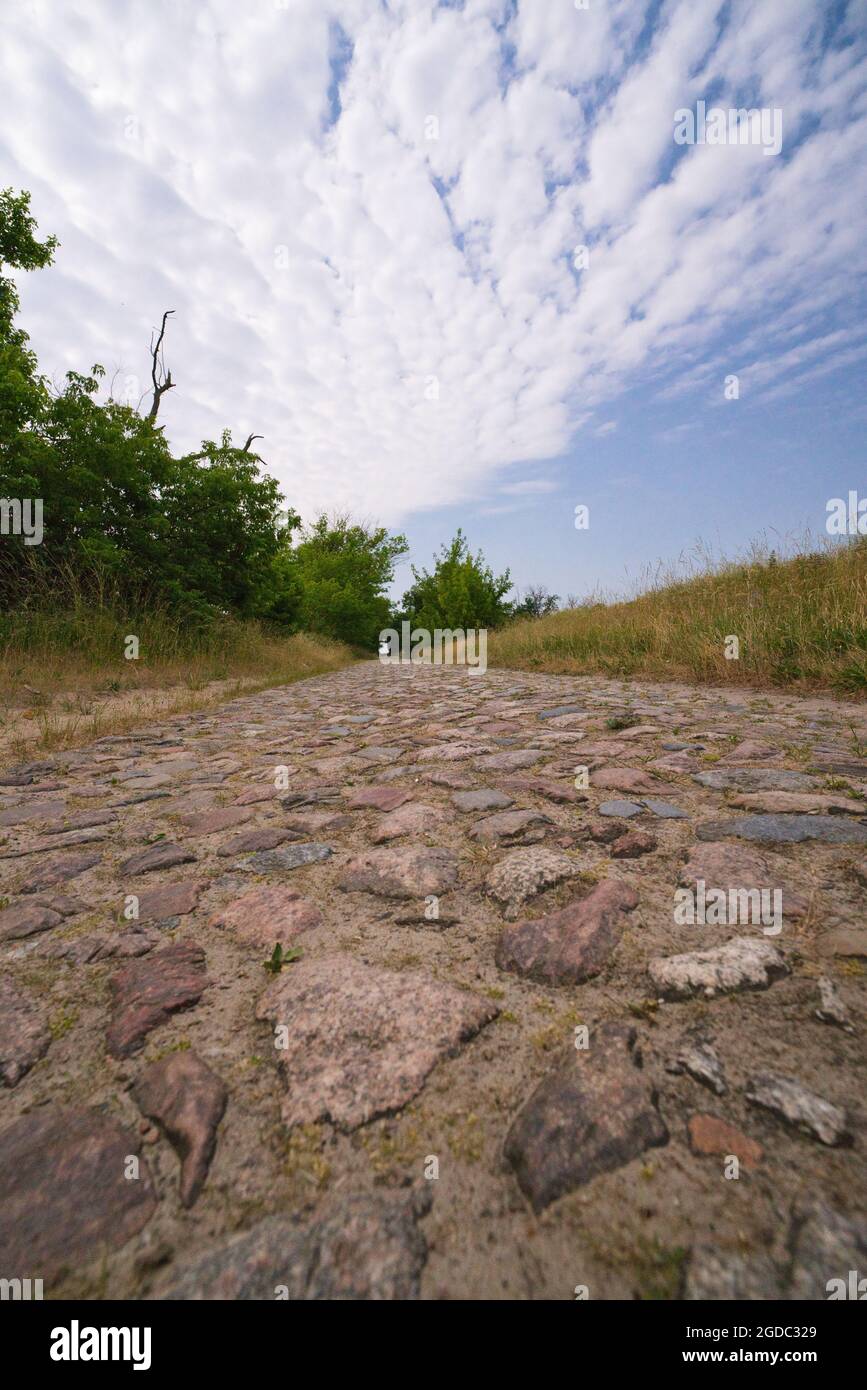 Sehr alter Kopfsteinpflasterweg in idyllischer Landschaft Stockfoto