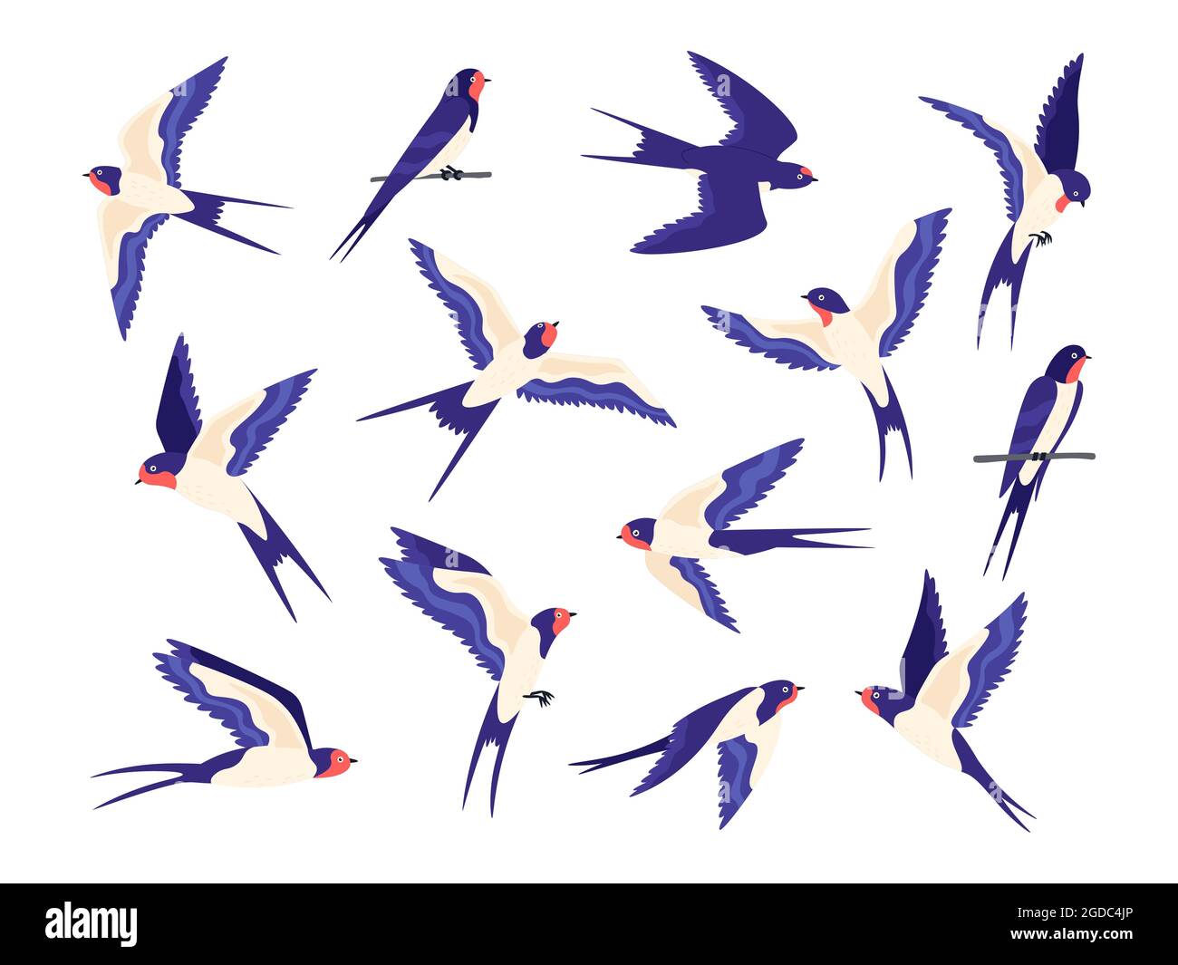 Cartoon kleine Scheune schlucken Vögel Flug Posen. Flache Schwalben fliegen am Himmel und sitzen auf Draht. Schneller schwarz weißer Vogelschwarm. Swallow-Vektor-Set Stock Vektor