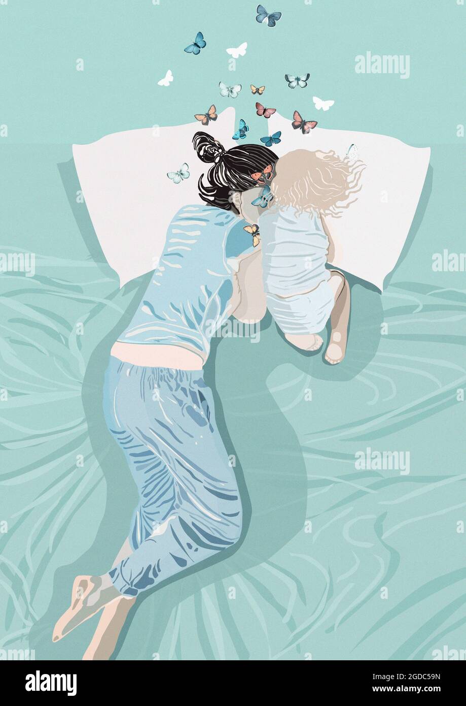 Frau und Kind schlafen im Bett Illustration digital Stockfoto