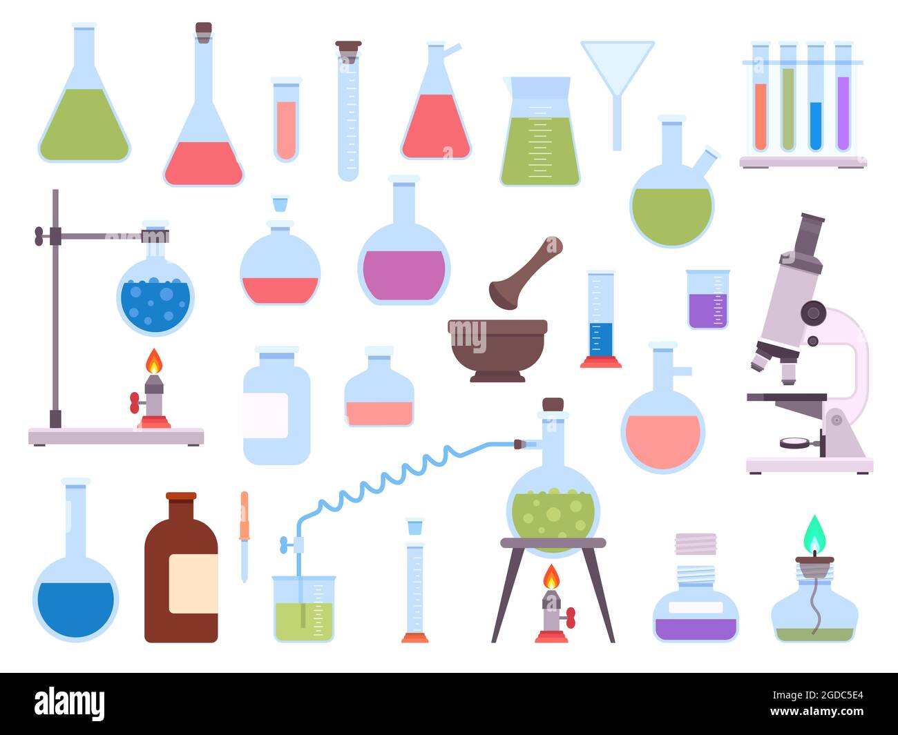 Flachchemie Labor Glasgeräte für wissenschaftliche Experimente. Medizinischer Laborbecher, Reagenzglas, Mikroskop, Brenner und Messkolben-Vektorset Stock Vektor