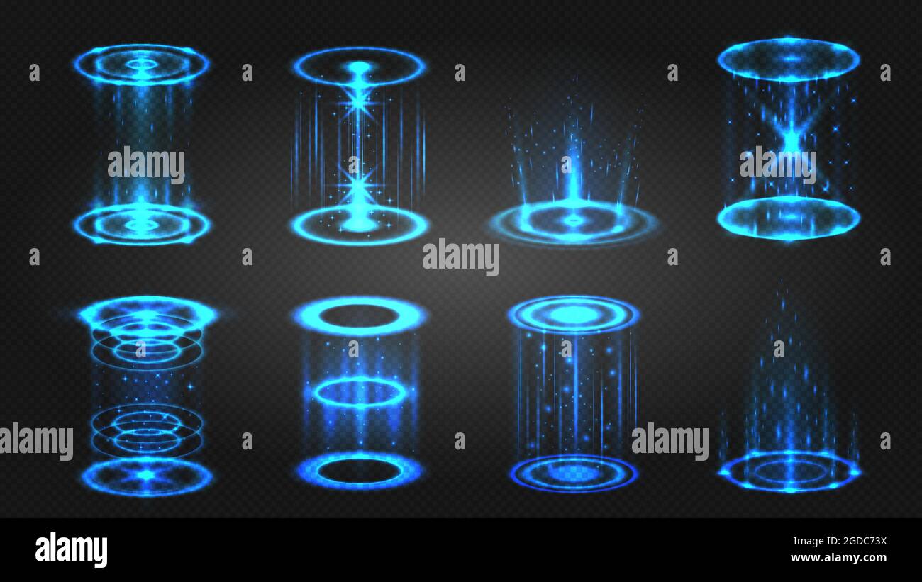 Futuristisches Hologramm-Portal, magischer Teleport oder Level-up-Effekt. Glühender Neon-Kreis mit Licht funkelt für Spiel. Digitaler Podium-Vektor-Set Stock Vektor
