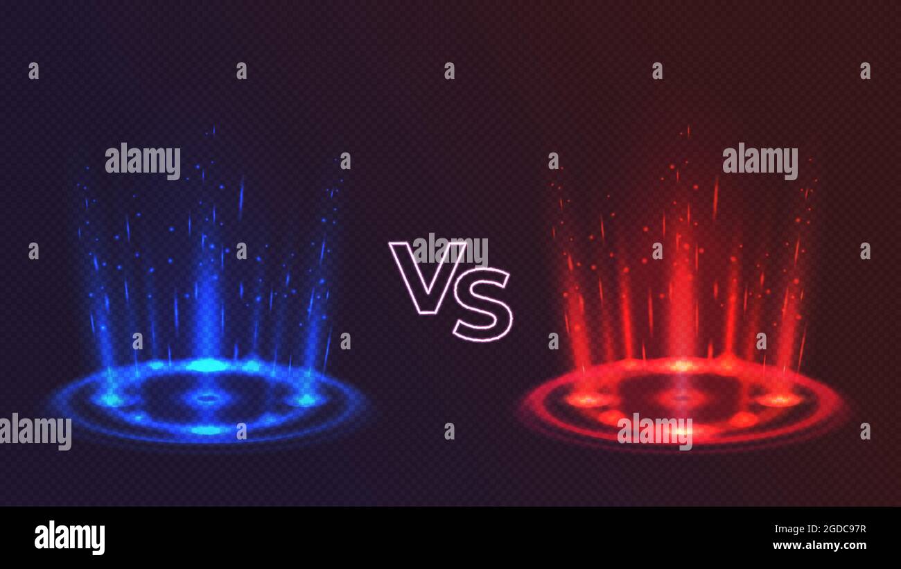 Rot gegen blau leuchtende Hologramm-Podien für den Spielkampf. Realistisch vs Konkurrenz mit Lichteffekt. Magische Portale für Kampf Vektor-Konzept Stock Vektor